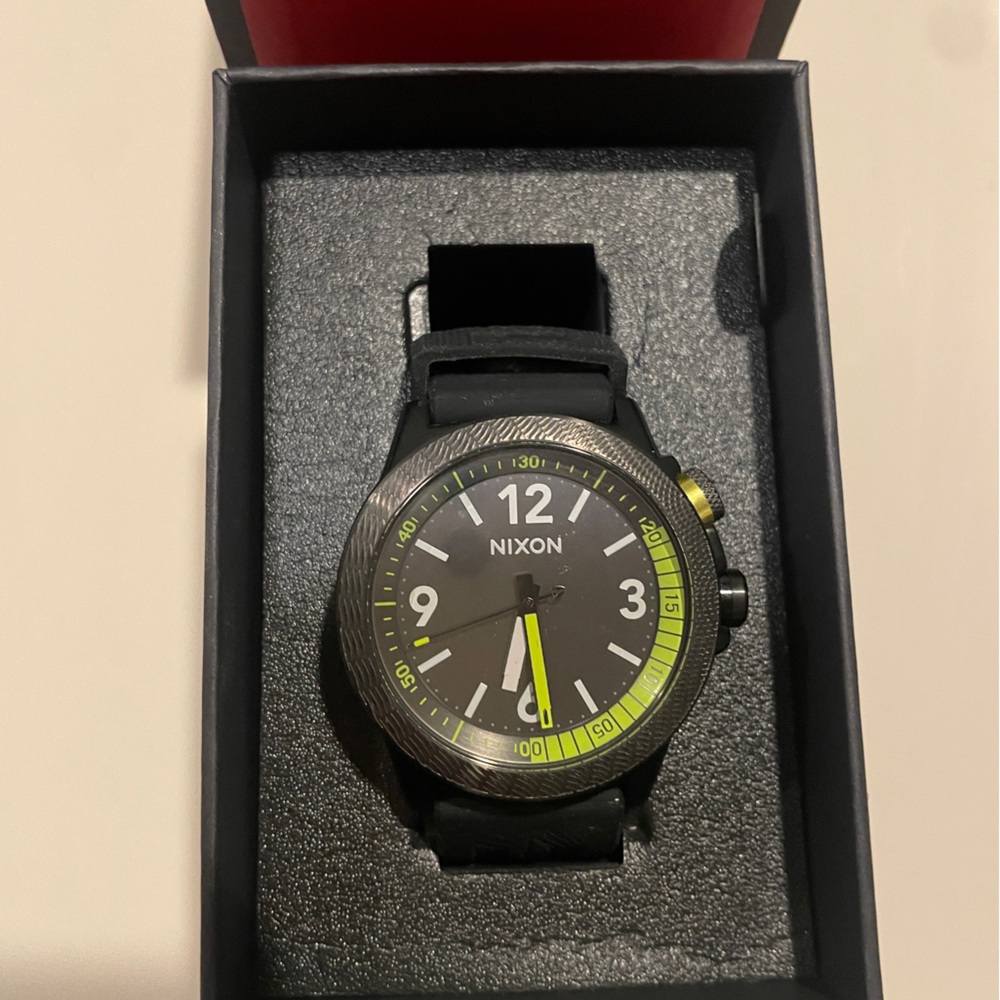 Nixon Cardiff Sport Black and Green Watch.  Matt Rubber Band